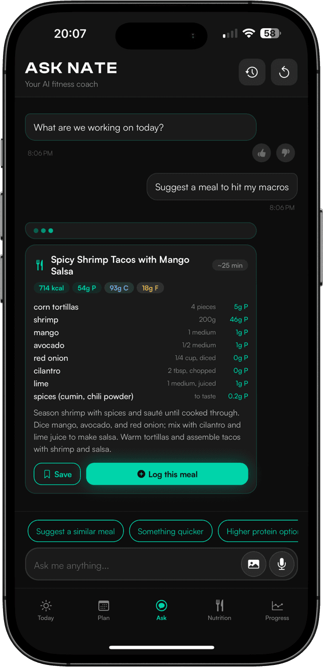 NATE app - Ask Nate AI coach suggesting a personalized meal with full recipe and macro breakdown