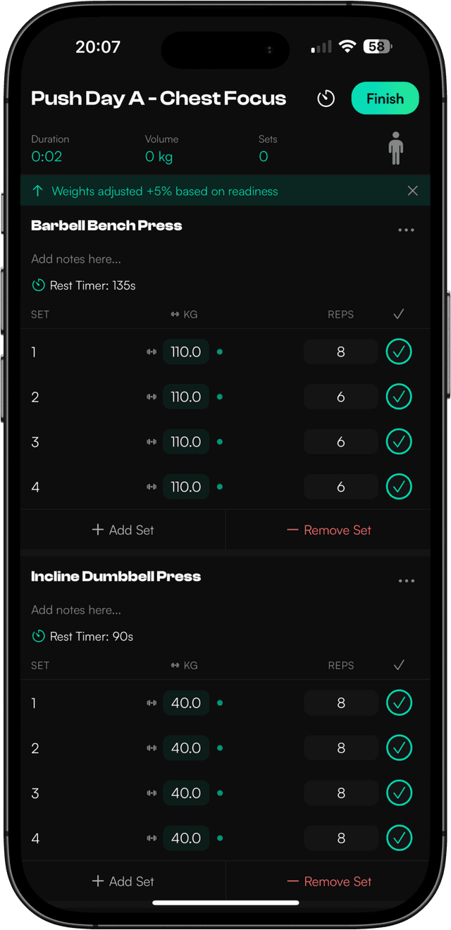 NATE app - Live workout tracking with inline set logging, weight adjustments based on readiness