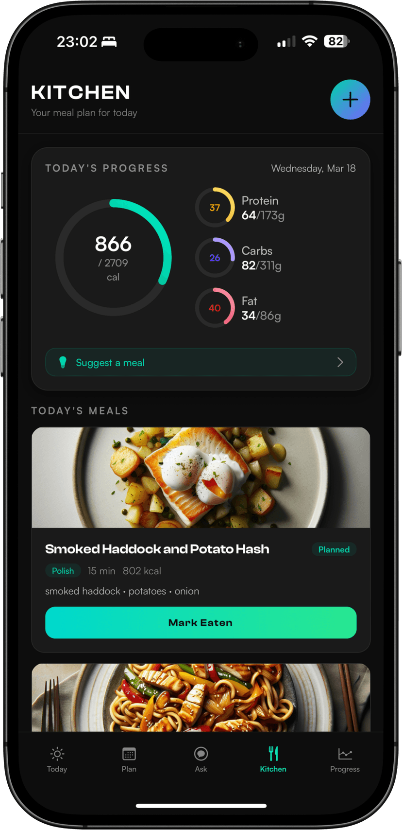 NATE Kitchen nutrition and meal catalogue screen